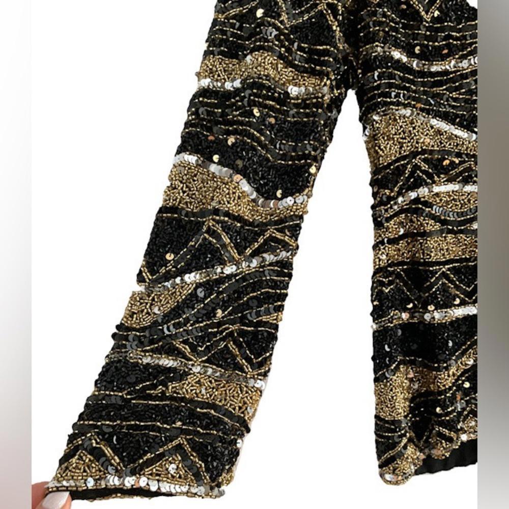 Vintage BLACK TIE OLEG CASSINI Oleg | SZ M | Embellished Beaded Sequin Silk Top - Picture 10 of 11